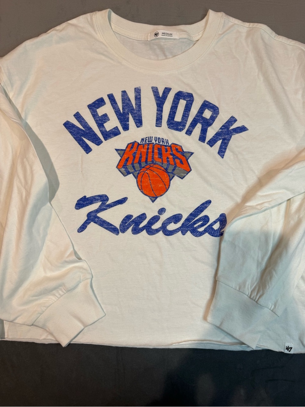 47 New York Knicks White Long Sleeve Tee with Blue & Orange Logo